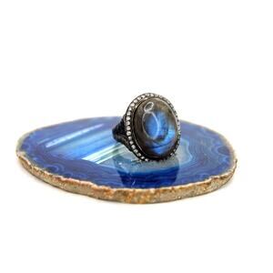 Sterling Silver Labradorite Cabochon CZ Halo Whimsygoth Ring